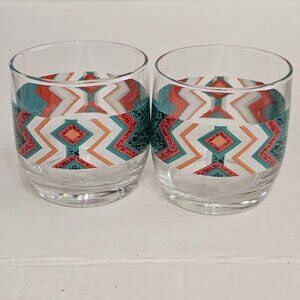 2 Gibson Southwest Old Fashion Glasses 3" Anchor Hocking geometric terracotta gr